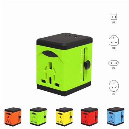 Travel Adapter with 2 USB Charger All in One Universal Plug Adapter Charger Over 150 Courties International Travel Power Plug Wall AC Adapter Universal AC Socket Outlet for Android and iOS Green