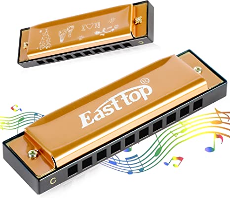 East top Blues Harmonica, Diatonic Harmonica Key of C 10 Holes 20 Tones Mouth Organ blues harp harmonica For Adults, Kids, Beginners, Professionals and Students (T10-4-Gold)