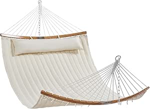 VEVOR Double Quilted Fabric Hammock, 12 FT Double Hammock with Curved Spreader Bars, 2 Person Quilted Hammock with Detachable Pillow and Chains for Camping Outdoor Patio Yard Beach, 480 lbs Capacity