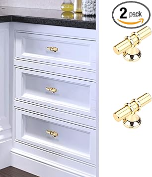 T Shaped Shower Door Knob, T Knobs for Cabinets,Single Hole T Bar Cabinet Pulls,1.97" Length,with Screws,Aluminum Alloy,Gold,2Pcs