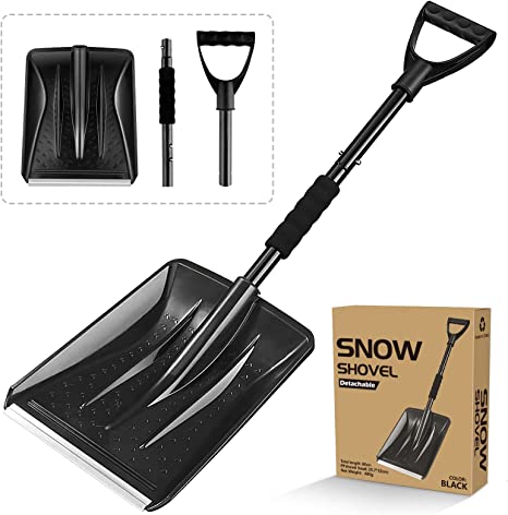 Snow Shovel, Portable Snow Shovels for Snow Removal, 10.5'' Wide Blade, Lightweight Car Snow Shovel Perfect for Driveway, Camping, Outdoor and Emergency(Black)