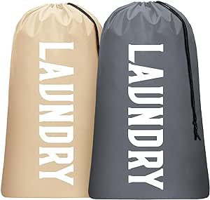 2 Pack Large Travel Laundry Bag, Dirty Clothes Travel Bag with Drawstring, Heavy Duty Laundry Bag for Dorm Camp Traveling, Fit a Laundry Hamper for Students College, Khaki Grey