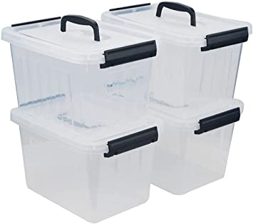 Feisco 6 Quart Clear Storage Bin with Lid and Handle,Set of 4 Durable Latch Storage Box for Storing Toys,Snacks,Tools,Books,Cosmetics and More