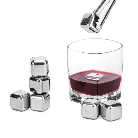 Whiskey Stones by Wuudi -Stainless Steel Reusable Wine Cooling Cubes with Ice Tongs Whiskey Chilling Rocks Whisky Ice Stones and Sipping StonesSet of 4-8 8 pieces