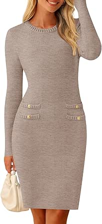 MEROKEETY Women's Long Sleeve Sweater Dress Crew Neck Work Party Vintage Knit Bodycon Short Dress