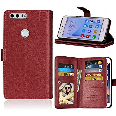 Honor 8 Case, Ranyi [9 Card Slots Wallet] [Lots Card Holder] [Kickstand Feature] [Photo Slot] Multifunction Dual Layer PU Leather Flip Folio Wallet Case for Huawei Honor 8 (2016), brown