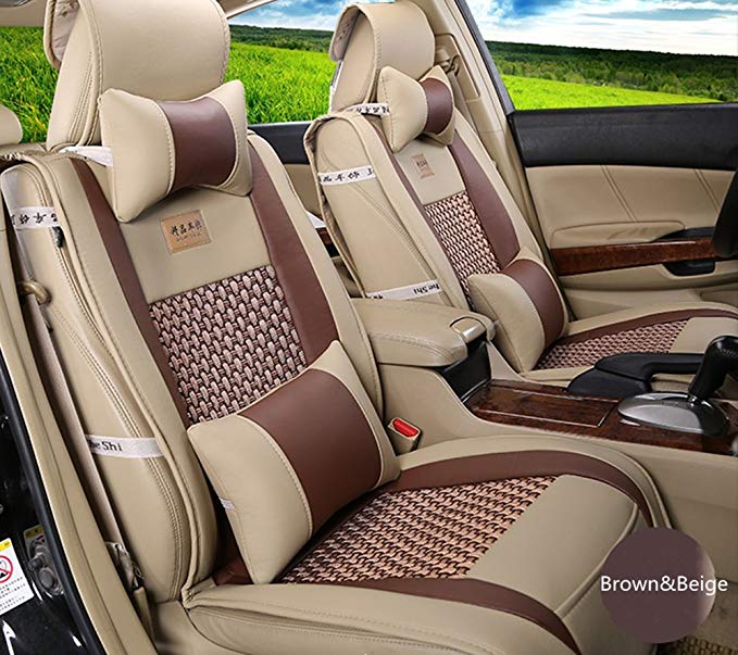 Amooca VTI Universal Front Rear Car Seat Cushion Cover Brown&Beige 10pcs Full Set Needlework PU Leather