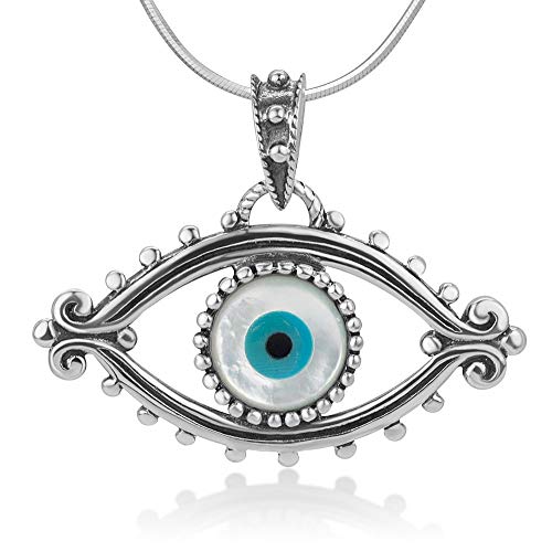 925 Oxidized Sterling Silver Evil Eye Lucky Eye Hamsa Protection Amulet Pendant Necklace, 18" Chain