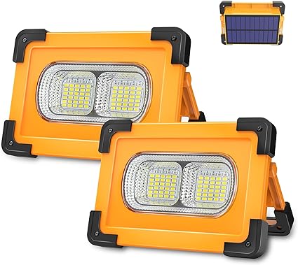 T-SUN Solar 80W LED Work Light Rechargeable Portable USB Flood Light 4 Modes Security Job Site Lighting Waterproof 11000mAh Power Bank for Outdoor Camping Fishing Hiking Car Repairing Emergency 2 PACK