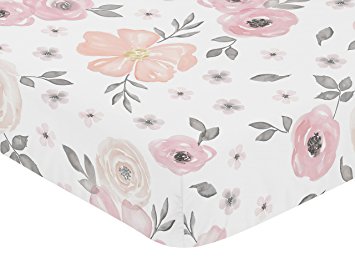 Sweet Jojo Designs Blush Pink, Grey and White Baby or Toddler Fitted Crib Sheet for Watercolor Floral Collection by