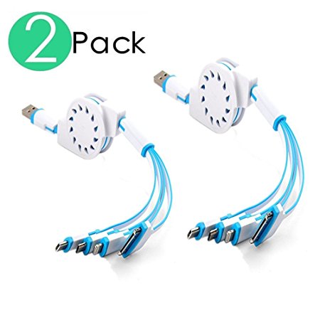 (2 Pack)Multi Charger,ANSOTT(3.3ft)Retracrable 4 in 1 Multifunctional USB Cable Adapter Connector with Type C/Micro USB/8 Pin Lighting/30 Pin for iPad,iPhone 7 Plus,Andriod,and More(Blue White)