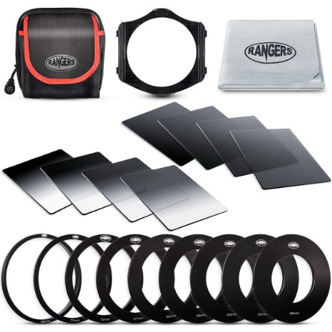 Rangers Clarity Series ND Filter kit Includes Full ND2 ND4 ND8 ND16 Filters   Graduated ND2 ND4 ND8 ND16 Filters   9 Filter Adaptors (49-82mm)   1 Adaptor Holder   Carrying Case   Lens Cleaning Cloth