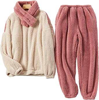 COZYPOIN Women' s Fluffy Fleece Pajamas Set Winter 2 Piece Plush Pullover and Pants Loungewear Sleepwear