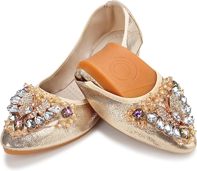 KUNWFNIX Women's Ballet Flats Crystal Wedding Ballerina Shoes Foldable Sparkly Comfort Slip on Flat Shoes