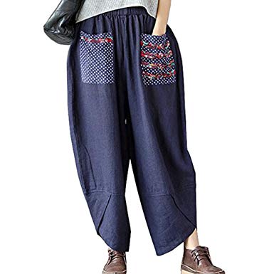 Helisopus Womens Baggy Casual Trousers Cotton Linen Loose Harlan Pants Elastic Waist