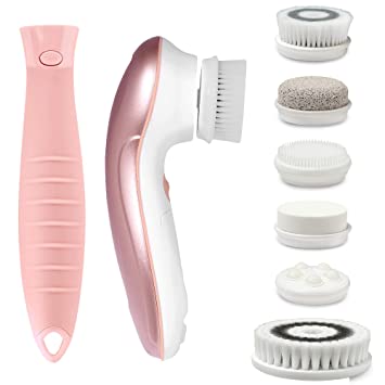 Fancii 7 in 1 Waterproof Electric Facial & Body Cleansing Brush Exfoliating Kit with Handle and 6 Brush Heads - Best Advanced spin Brush Microdermabrasion Scrub System for Face (Blush)
