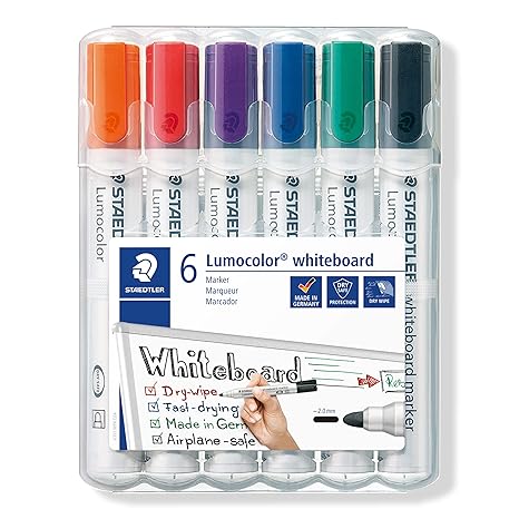 STAEDTLER 351 Lumocolour Whiteboard Marker with Bullet Tip - Assorted Colours, Pack of 6