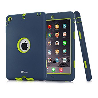 Mini iPad Case, Hocase Ruggged High-impact Dual Layer Hard Rubber Protective Case Cover for Apple iPad mini 1 / 2 / 3 - Navy Blue / Fluorescent Green