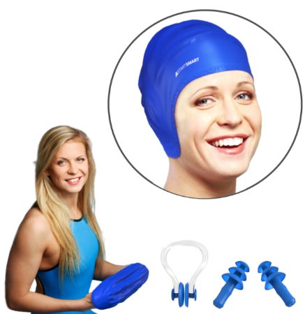 Premium Silicone Adult Swim Cap For Long Hair  FREE Nose Clip and Earplugs Included  The Industries 1 Swimming Caps For Men and Women