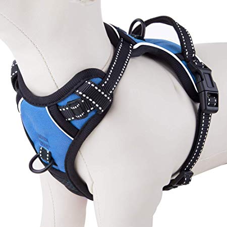 PHOEPET No Pull Dog Harness 3M Reflective Adjustable with 2 Metal Leash Hooks and Soft Training Handle [Over The Head Design]