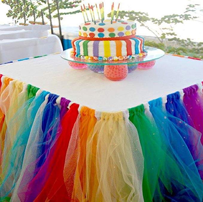 Stuffwholesale Fitted Tulle Table Skirt Baby Shower Birthday Party Cake Table Decoration (Rainbow)