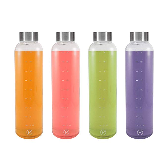 Pratico Kitchen 20 oz Leak-Proof Glass Bottles, Juicing Containers, Water/Beverage Bottles - 4 Pack with Stainless Steel Caps