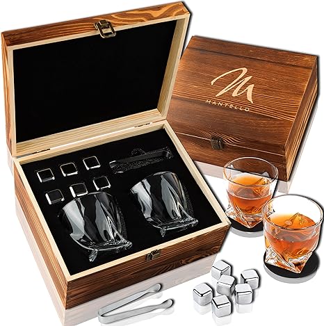 Mantello Whiskey Stones Gift Set for Men - Whiskey Glass Set of 2 with Stainless Steel Whiskey Stones - Whiskey Gifts for Men, Whisky Glasses and Whiskey Stones Rocks