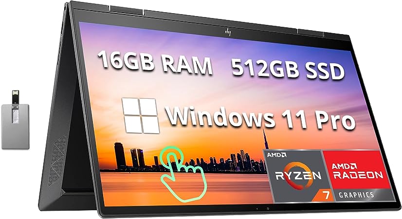 HP 2022 Envy x360 2-in-1 15.6" FHD Touchscreen Laptop, AMD Ryzen 7 5825U, 16GB RAM, 512GB PCIe SSD, AMD Radeon Graphics, Backlit Keyboard, 5MP IR Camera, Win 11 Pro, Wi-Fi 6, Black, 32GB USB Card