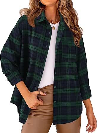 PRETTYGARDEN Women's Fall Long Sleeve Button Down Plaid Shirts Collared Loose Fit Cotton Casual Lightweight Shackets Blouses