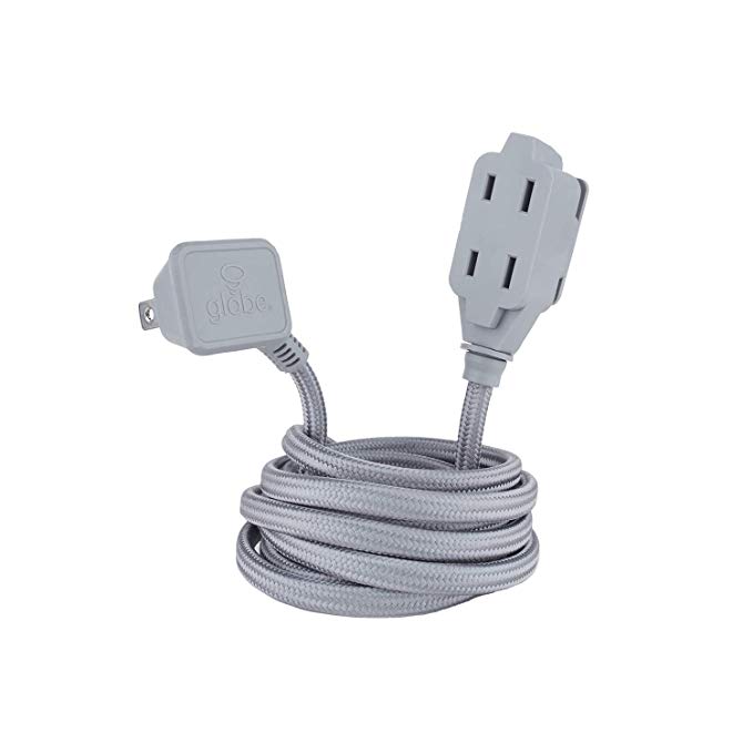 Globe Electric Designer Series 9-ft Fabric Extension Cord, 3 Polarized Outlets, Right Angle Plug, 125 Volts, Metallic Gray 22890