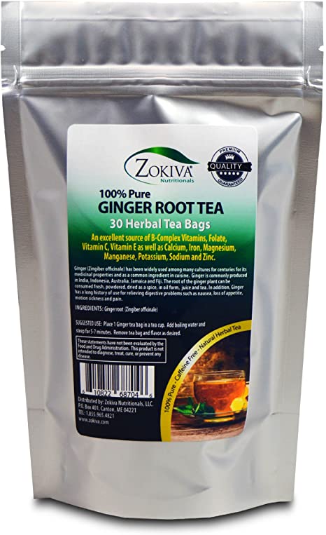 Ginger Tea 100% Pure Root (30 Premium Bags) All-Natural Caffeine Free Herbal Tea
