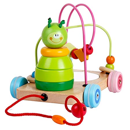 4 in 1 Wooden Pull Along Toys Rolling Bead Maze Game Caterpillar Stacking Blocks Set for Kids Toddlers Boys and Girls