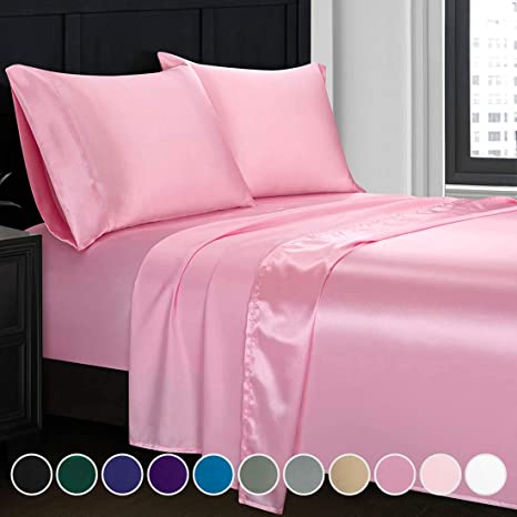 Homiest 3pcs Satin Sheets Set Luxury Silky Satin Bedding Set with Deep Pocket, 1 Fitted Sheet   1 Flat Sheet   2 Pillowcases (Twin Size, Pink)
