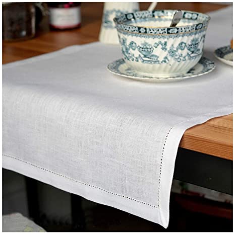 Linen & Cotton Hemstitched Table Runner FLORENCE, 100% Linen - 43 x 270cm (17.2''x 108''), White