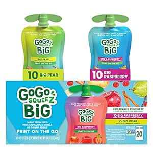 GoGo squeeZ BIG Variety Pack, BIG Pear & BIG Raspberry, 4.2 oz. (Pack of 20), Unsweetened Fruit Snacks for Kids, Gluten Free, Nut Free and Dairy Free, Recloseable Cap, BPA Free Pouches