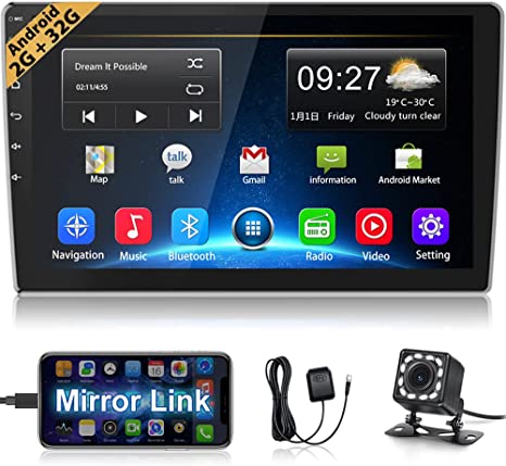 2 32G Double Din 10.1 Inch Android Car Stereo Touchscreen Car Audio Receivers with Bluetooth Car Radio Support WiFi Connect Mirror Link GPS Navigation FM Audio Receivers with Backup Camera Input