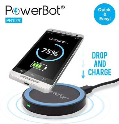 PowerBot® PB1020 Qi Enabled Wireless Charger Inductive Charging Pad Station for All Qi Standard Compatible Devices Including Samsung, iPhone, Nokia, Google, Nexus, LG, HTC and Other Smartphones with Receivers (AC Adapter Excluded. 2 x Micro USB Cable Included), Blue on Black