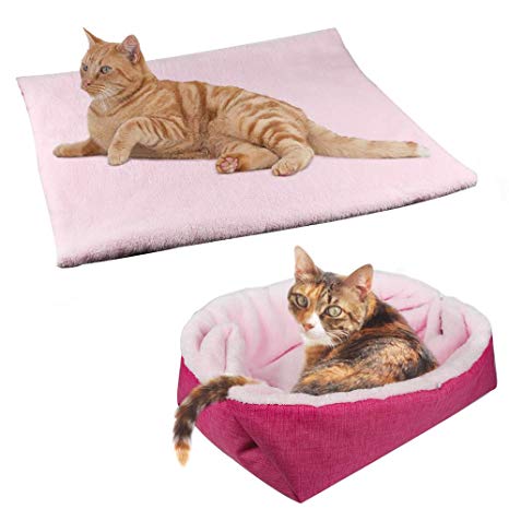 YUNNARL Furry Cat Bed/Mat (Convertible) Self-Warming Cat Mat Light Weight Fur Pet Bed for Cats, Puppy Cat Bed Mat Machine Washable Puppy Bed Best for Indoor Cats Houses, Floor, Car Back Seat Pink