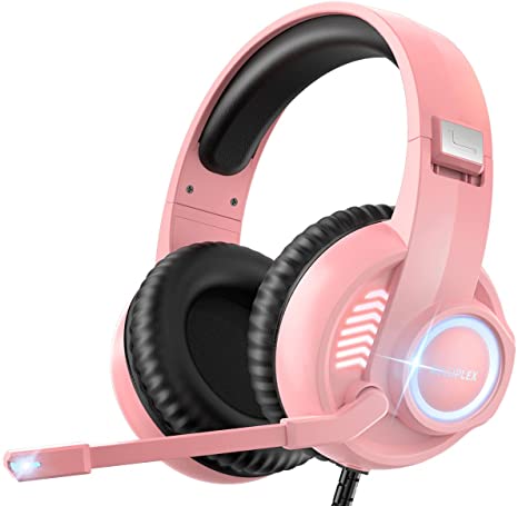 Gaming Headsets for Xbox One PC PS4 PS5 - Computer Over Ear Headphones with Noise Cancelling Mic & Stereo Sound for Nintendo Switch - Pink
