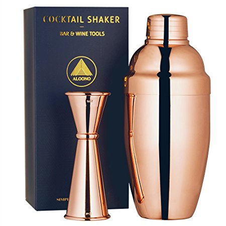 Cocktail Shaker Set by ALOONO: 18oz Weighted Martini Shaker and Japanese Jigger (0.5oz - 2oz), 18/8 Professional Stainless Steel Cocktail Set with Recipes and Greeting Card - Copper Plated