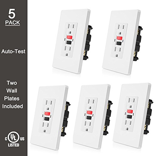 BESTTEN 15A Self-Test Tamper Resistant GFCI Receptacle Outlet with 2 LED Indicators, Ground Fault Circuit Interrupter, 15A/125V/1875W, 2 Wall Plates Included, Auto-Test Function, UL Certified [5 Pack]
