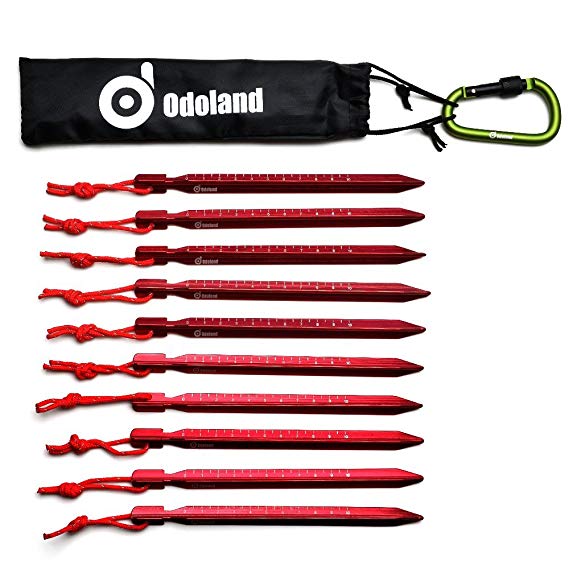 Odoland Tent Peg 10PCs Tent Nail/Tent Stake with reflective Rope, Carabiner, Scale, Y-shaped, lightweight durable anodized Alumina, for Outdoor Camping,Beach and Sand