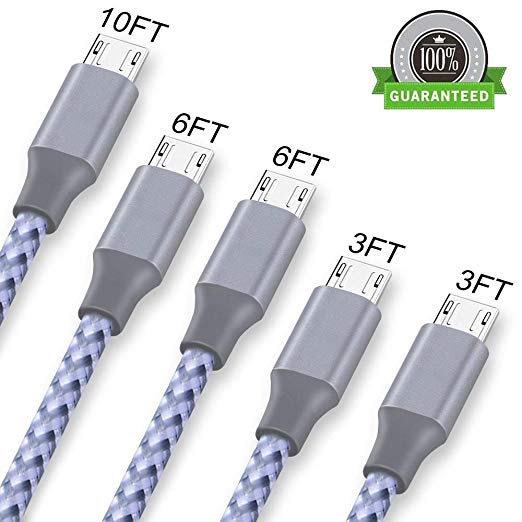 ONSON Micro USB Cable,5Pack 2X3FT 2X6FT 10FT Long Premium Nylon Braided Android Charger USB to Micro USB Charging Cable Samsung Charger Cord for Samsung Galaxy S7 Edge/S7/S6/S4/S3,Note 5/4/3-Grey