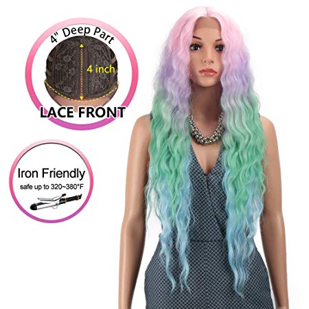 Joedir Lace Front Wigs 30'' Long Wavy Synthetic Wigs For Black Women 130% Density Ombre Rainbow Wigs with Baby Hair(QT PKBL07)