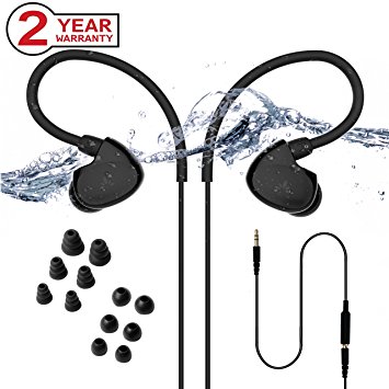 Avantree IPX7 Waterproof Earbuds for Swimming, Secure Fit Headphones for Running, Runners, Sports, Diving, Surfing, Short Cord with Ear Hook and 6 Pair Soft Earbuds Tips (Not Bluetooth)