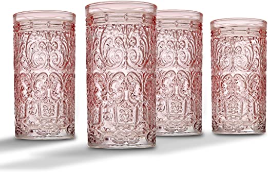 Jax Highball Beverage Glass Cup by Godinger - Pink - Set of 4