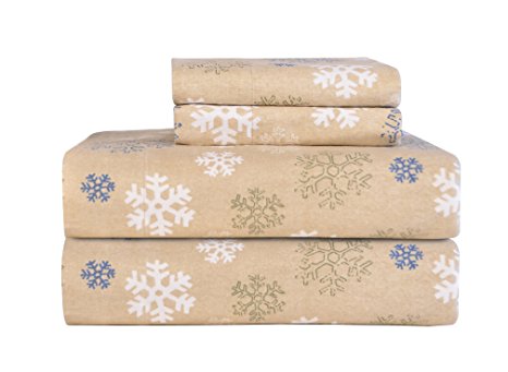 Pointehaven Heavy Weight Printed Flannel Sheet Set, California King, Snow Flakes Oatmeal