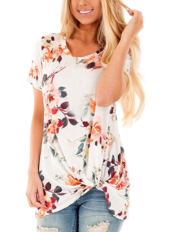 Dokotoo Womens Summer Casual Short Sleeve Floral Knot Blouse Tops and T-Shirts