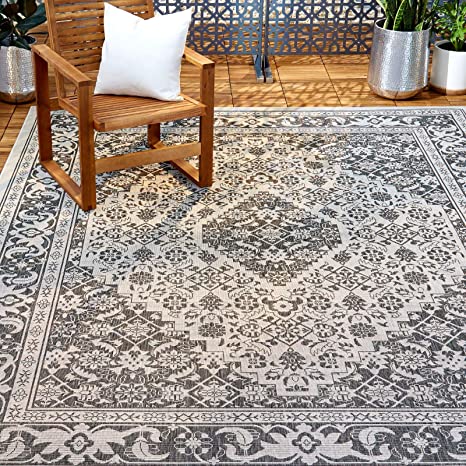 Home Dynamix Nicole Miller Patio Country Dahlia Indoor/Outdoor Area Rug 7'9"x10'2", Traditional Medallion Gray/Black