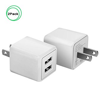 Wall Charger, 2.4A 12W Dual Port Portable Universal USB Wall Charger for Apple iPhone,iPad, Samsung Galaxy, HTC Nexus Moto Blackberry, Bluetooth Speaker Headset & Power Bank, White (2-PACK)